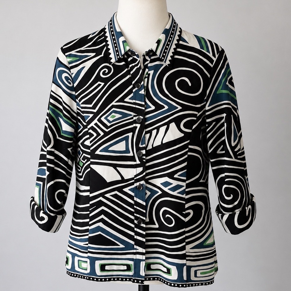Linda Allard Ellen Tracy Abstract Art Print Top Sz 10 Geometric Tribal Boho Chic